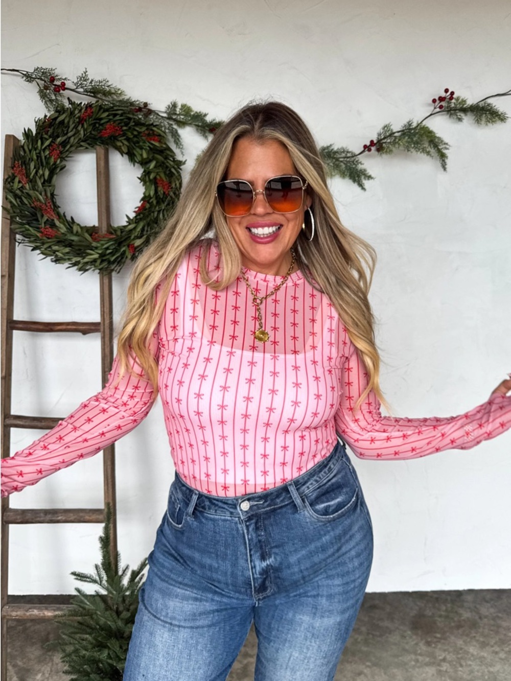 Mesh Pink Bow Striped Long Sleeve Top